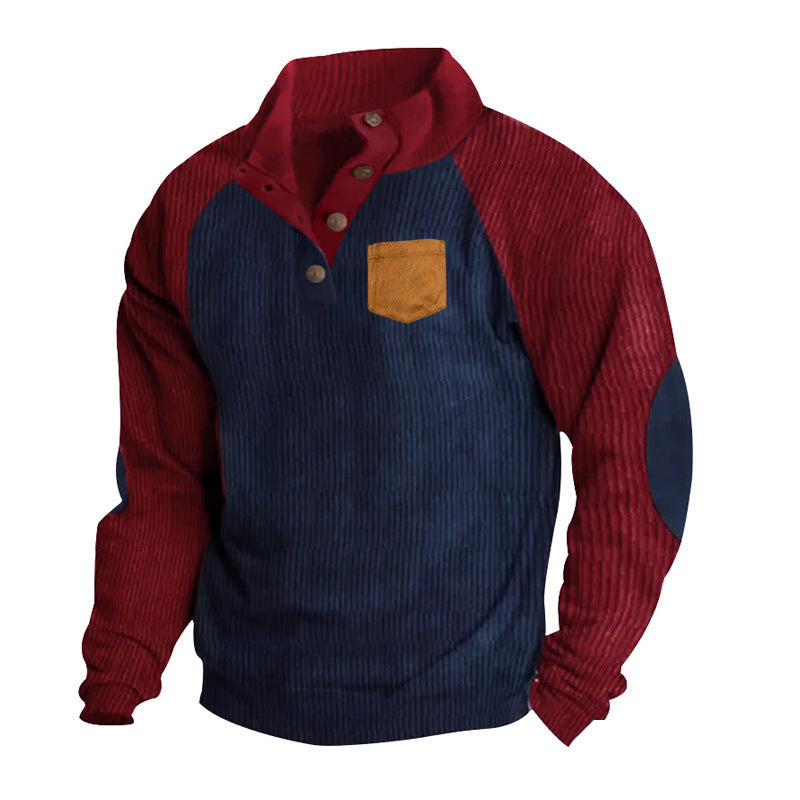 Herren Geripptes Henley‑Pullover mit Raglanärmeln, Ellenbogen‑Patches & Brusttasche Drune