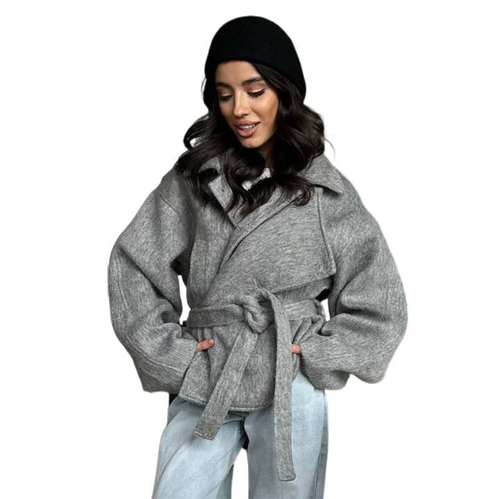 Damen Oversized Wolljacke mit modischem Gürtel und praktischem Knopfdetail Drune
