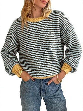 Damen Gestreifter Rippstrick-Pullover mit Kontrast-Bündchen Drune