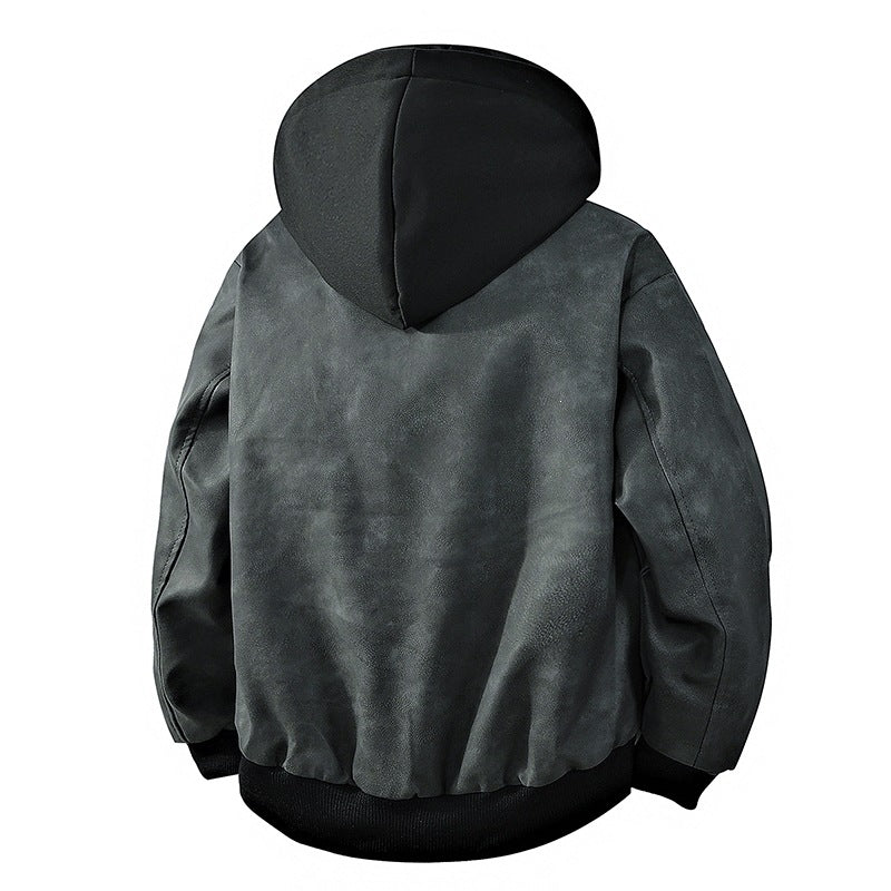 Herren Veloursleder‑Optik Kapuzenjacke mit Druckknopfblende, Oversize‑Schnitt & gerippten Bündchen Drune