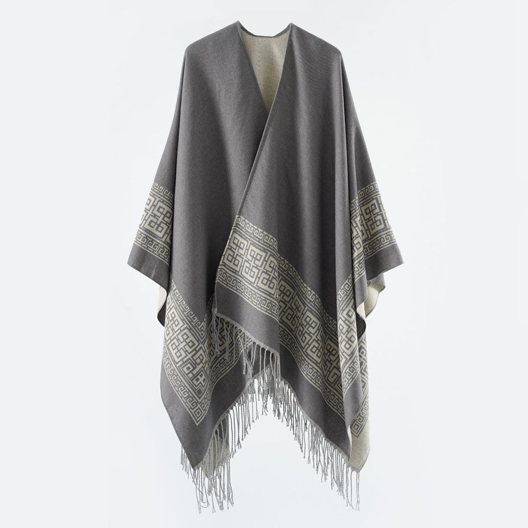 Damen Reversibler Wollmix‑Überwurf im Kimono‑Fall mit ornamentaler Bordüre und Zierfransen Drune