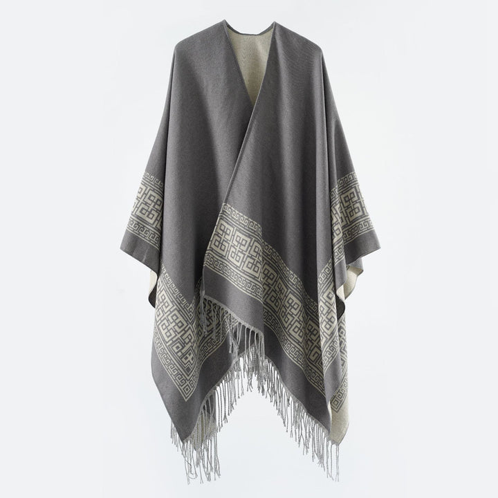 Damen Reversibler Wollmix‑Überwurf im Kimono‑Fall mit ornamentaler Bordüre und Zierfransen Drune