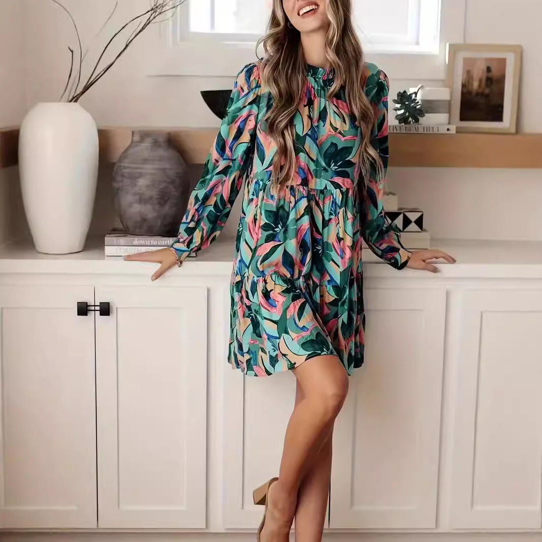 Damen luftiges Retro-Kleid mit voluminösen Ärmeln und weiten Falten Drune