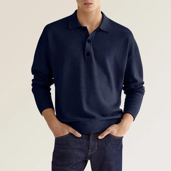Herren Feinstrick-Polo-Sweater mit langen Ärmeln, gerippten Bündchen und subtiler Knopfleiste EB