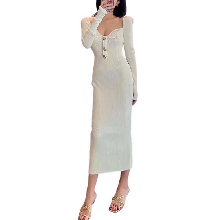 Damen Strickkleid mit tiefem V-Ausschnitt und eleganten Knopfdetails Drune