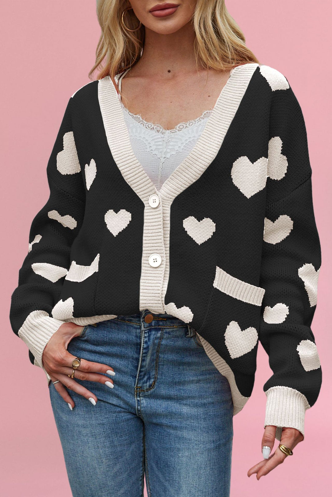 Damen kuschelige Strickjacke mit Herzmuster und großen Taschen Drune