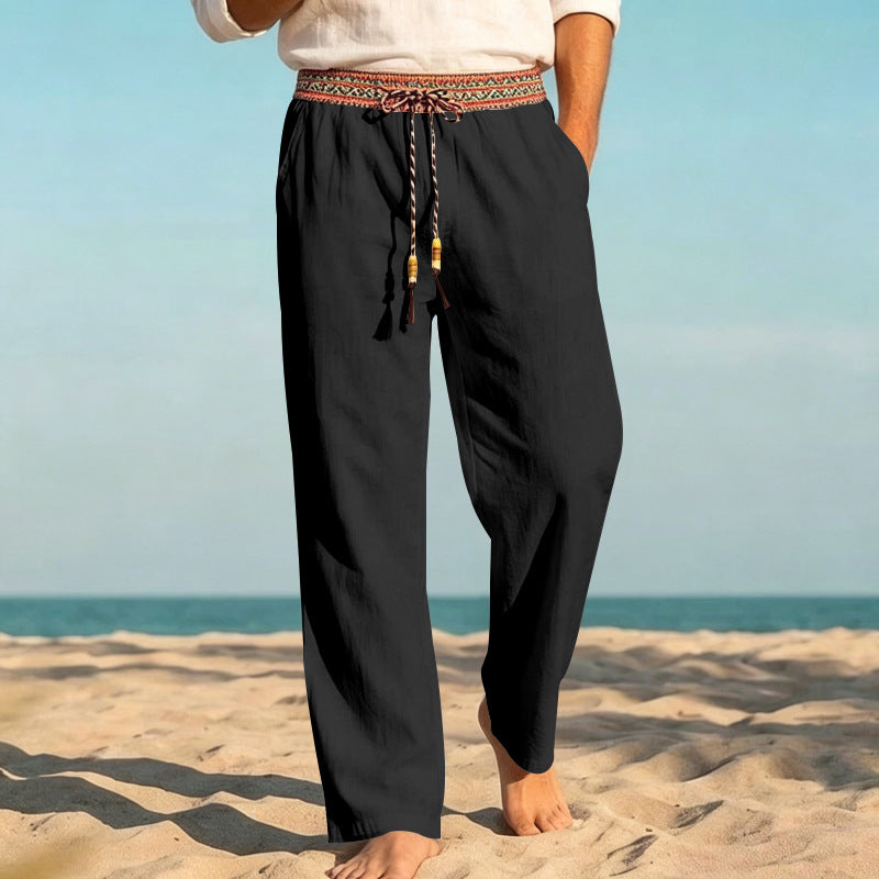 Herren Leinenoptik Freizeithose mit besticktem Kordelbund und Kordelzug Drune