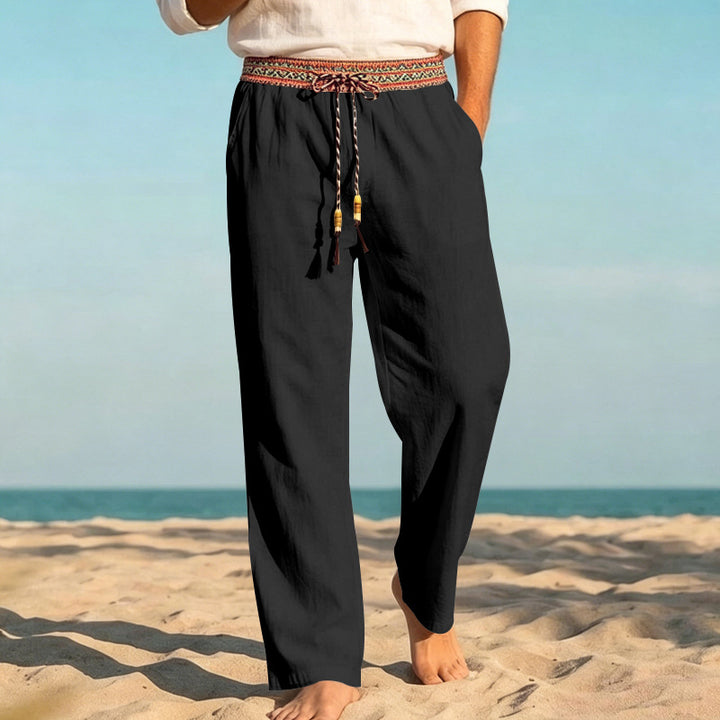 Herren Leinenoptik Freizeithose mit besticktem Kordelbund und Kordelzug Drune