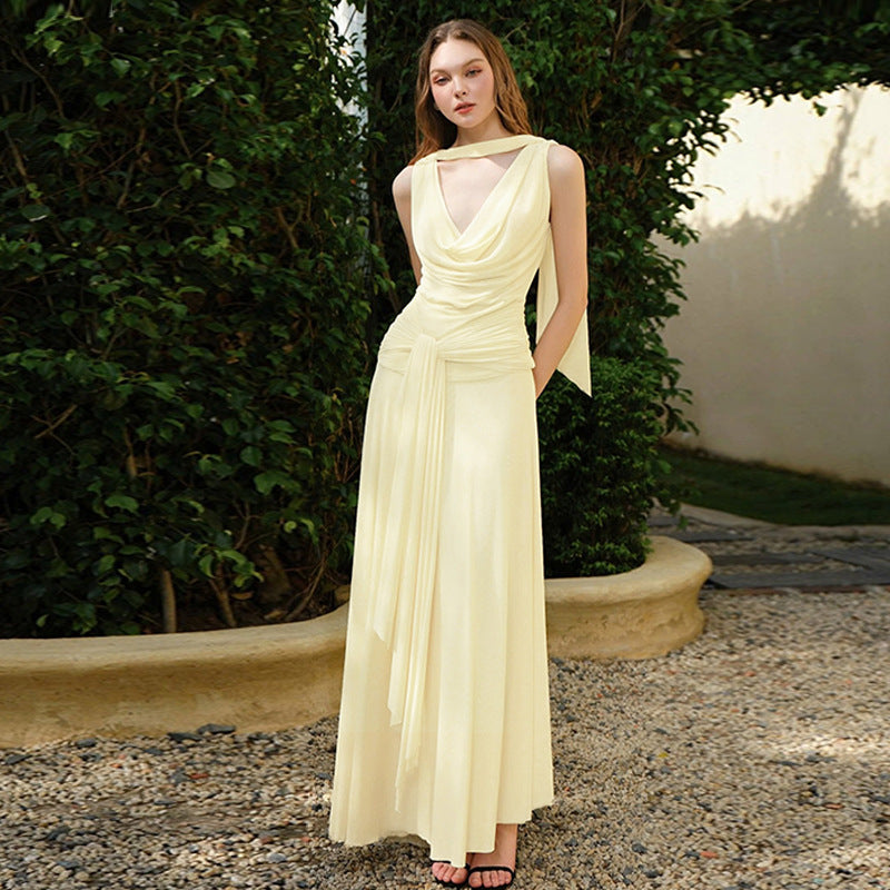 Damen schulterfreies Wickelmaxikleid mit drapiertem Oberteil und seitlichem Bindegürtel Drune