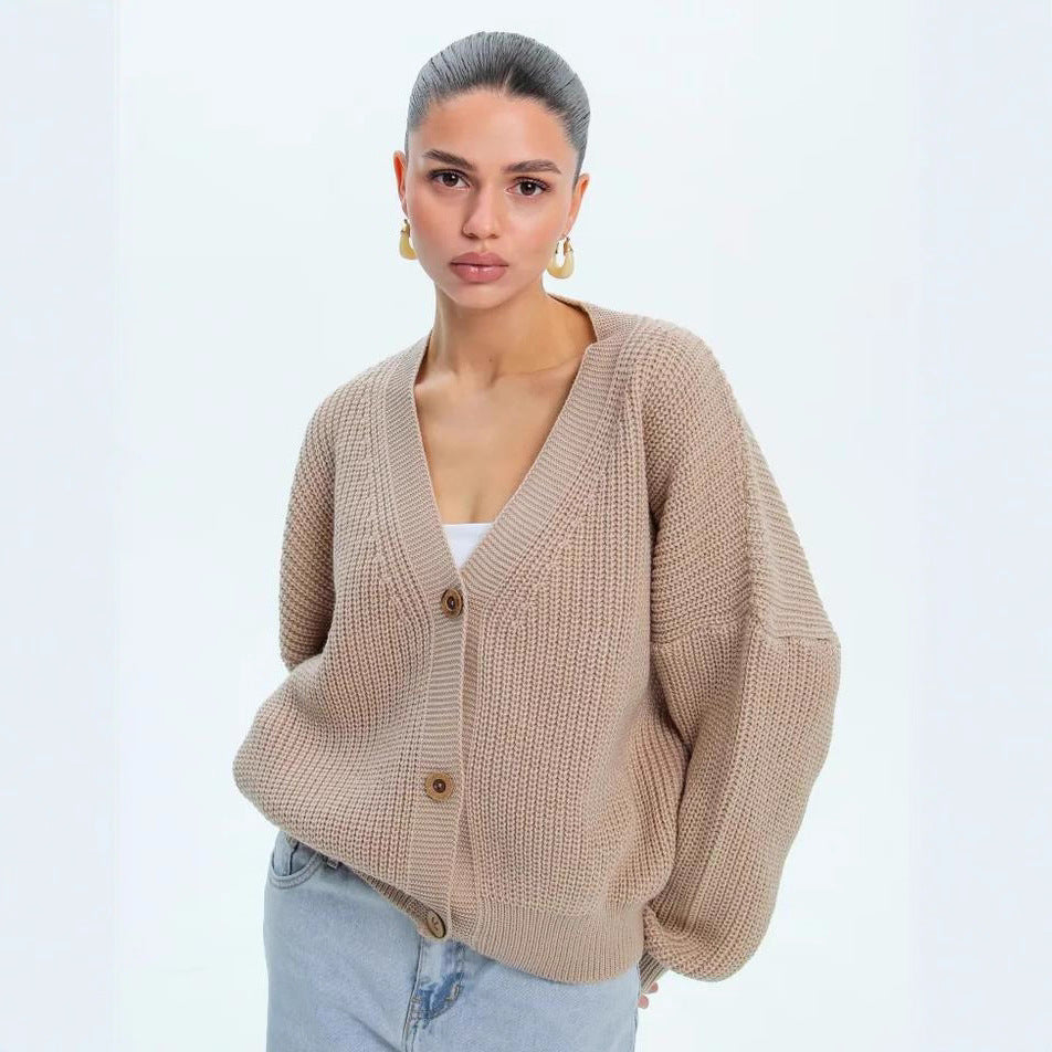 Damen lässiger Strickjacke mit voluminösen Ärmeln und modernen Knopfdetails Drune