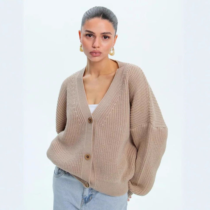 Damen lässiger Strickjacke mit voluminösen Ärmeln und modernen Knopfdetails Drune
