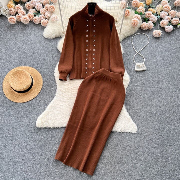 Damen eleganter Strickanzug mit Reißverschluss Drune