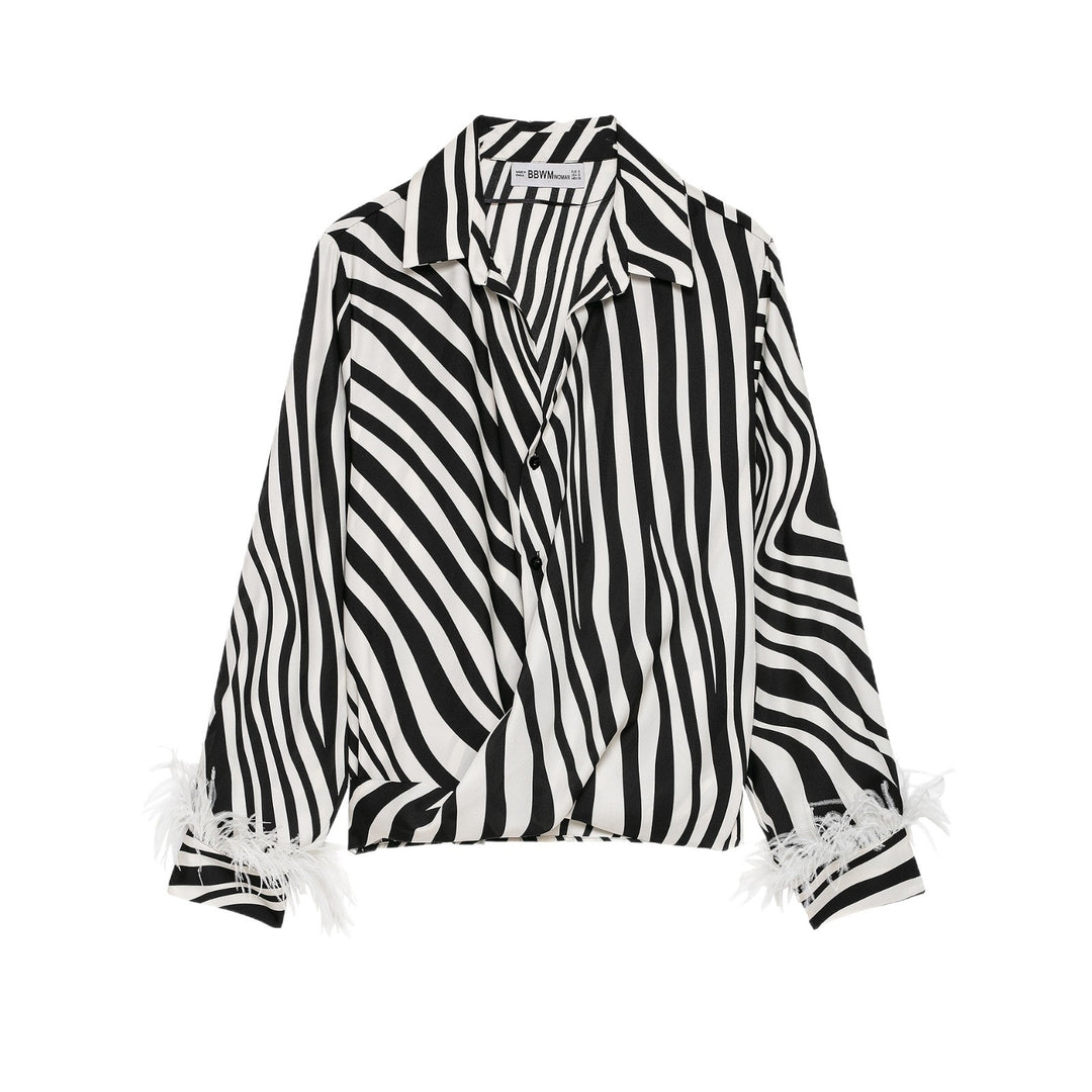 Damen Gestreifte Cropped-Bluse im Hemdstyle mit Federbesatz Drune