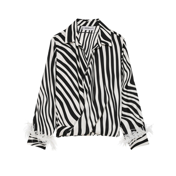 Damen Gestreifte Cropped-Bluse im Hemdstyle mit Federbesatz Drune