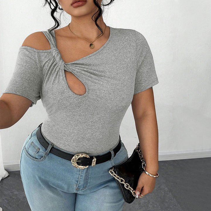 Damen Figurbetontes Kurzarm-Body mit asymmetrischem Ausschnitt und Knotendetail Drune