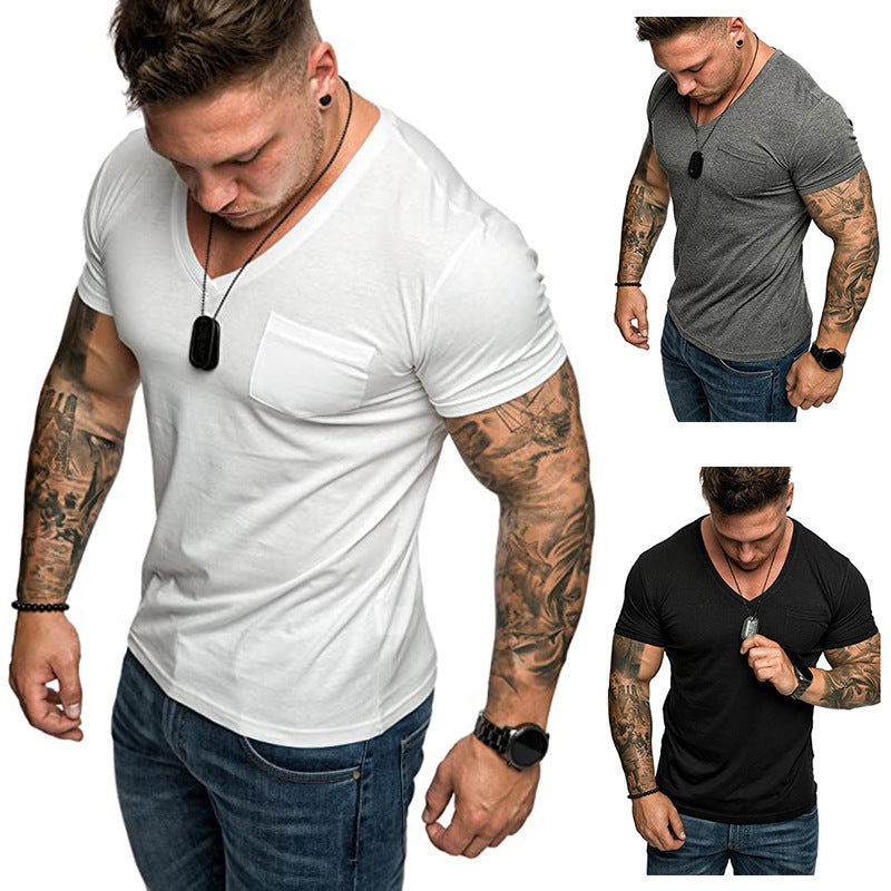 Herren V-Ausschnitt T-Shirt aus weicher Baumwolle mit Brusttasche Drune