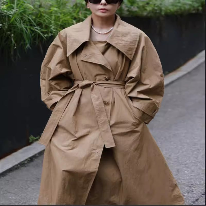 Damen Voluminöser Trenchcoat im Oversize-Look mit weitem Wasserfallkragen und Taillenbindegürtel Drune