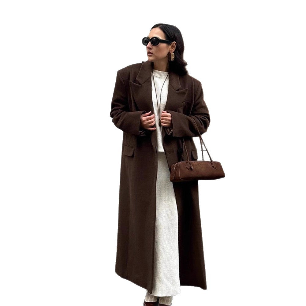 Damen Langmantel mit geradem Schnitt, kaschierendem Oversize-Revers und Eingrifftaschen Drune