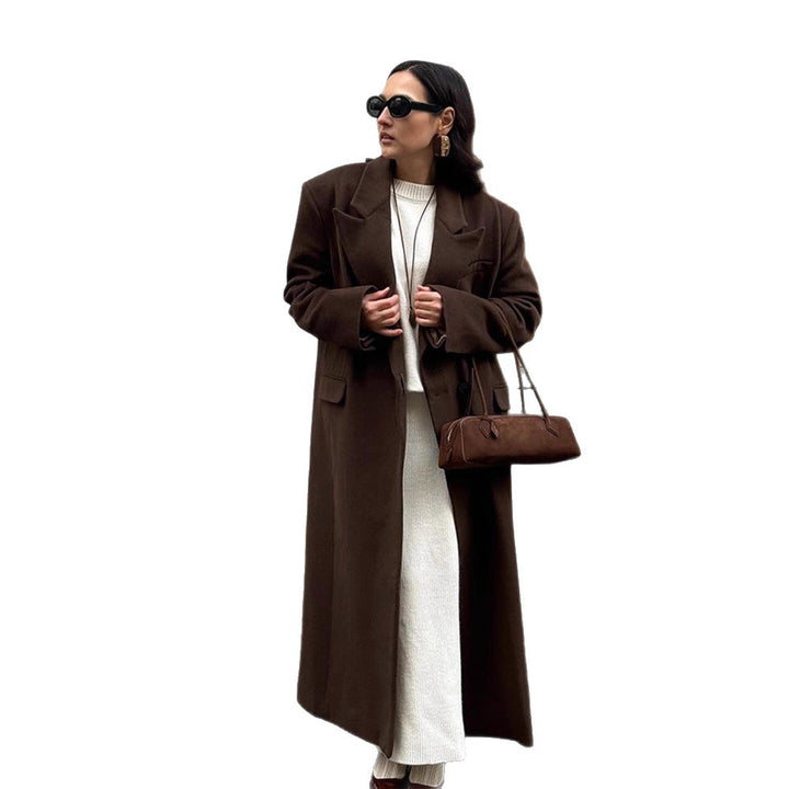 Damen Langmantel mit geradem Schnitt, kaschierendem Oversize-Revers und Eingrifftaschen Drune
