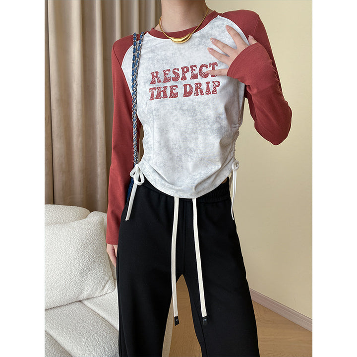 Damen lässiges Raglan-Shirt mit kreativem Aufdruck und modernen Designelementen Drune