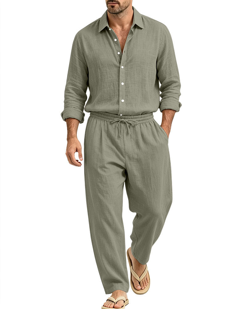 Herren Lässiges Leinen-Set Hemd und Relaxhose mit Tunnelzug Drune