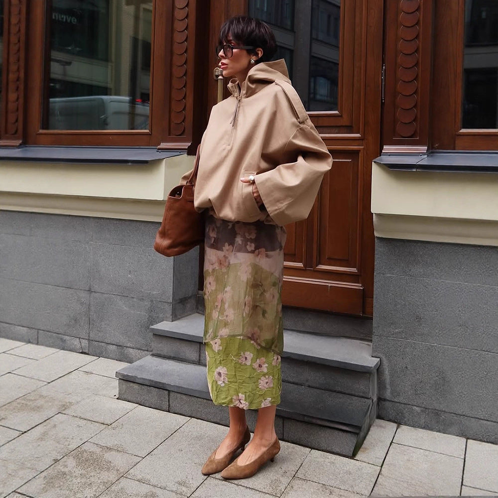Damen Oversize Kapuzen-Pulloverjacke mit halbem Reißverschluss und Schulterpasse Drune