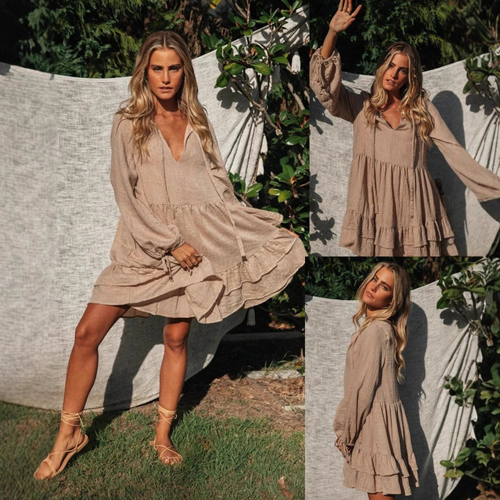 Damen Freizeitkleid mit voluminösen Ärmeln und Rüschendetails Drune
