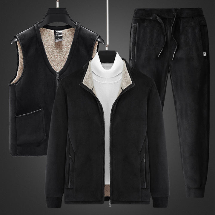 Herren wärmendes Fleece-Dreiteiliges Set mit Reißverschlussjacke, Teddyweste und Jogginghose Drune