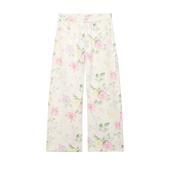 Damen Hochtaillierte weite Jeanshose mit zartem Blumenmuster und Fünftaschen-Schnitt Drune