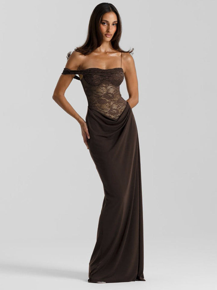 Damen Elegantes Cocktailkleid mit Spitzenoberteil und fließendem Rock Drune