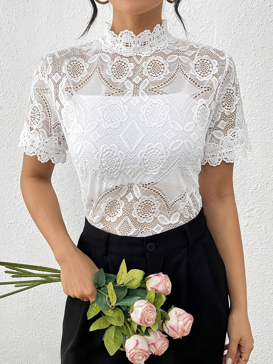 Damen nan semi-transparentes Spitzen-Top mit hohem Rüschenkragen und blickdichter Brustpartie Drune