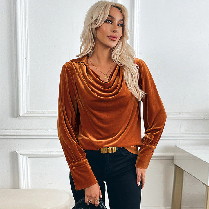 Damen elegante Samtbluse mit offenem Kragen und langen Ärmeln Drune