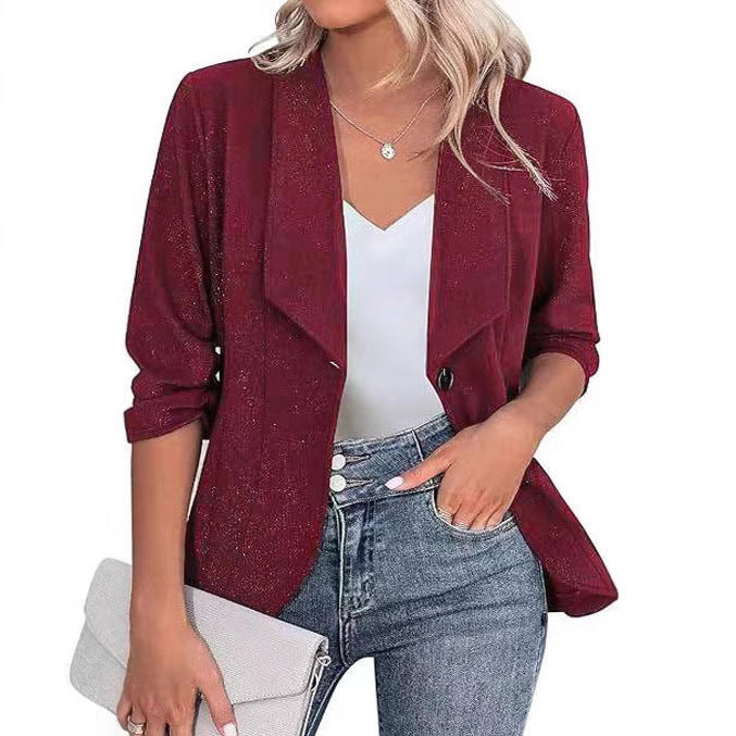 Damen Eleganter Glitzer-Blazer mit Wasserfall‑Revers, tailliertem Schnitt und 3/4‑Ärmeln Drune