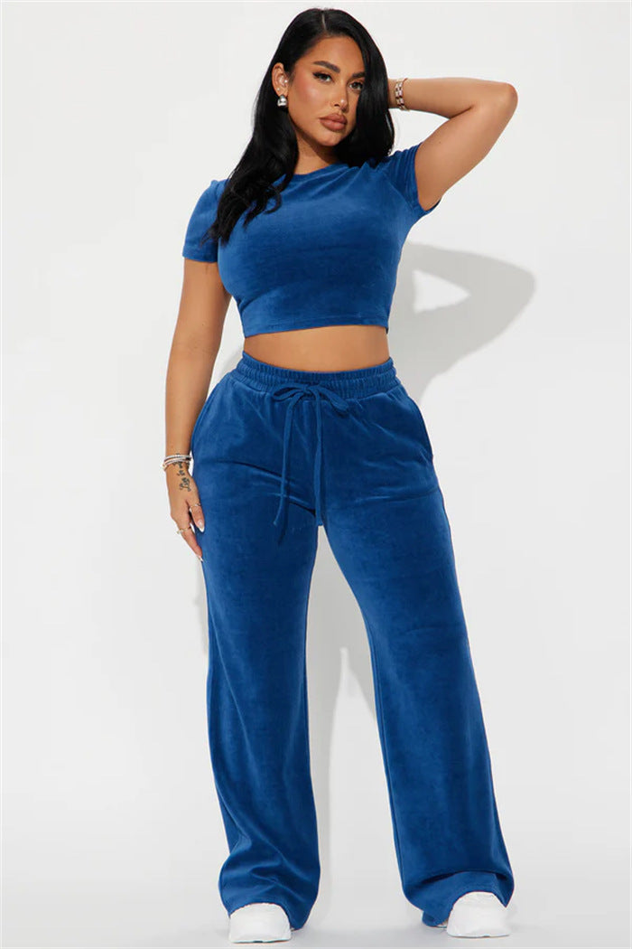 Damen Velours-Hausanzug mit bauchfreiem Shirt und weit geschnittener taillenhoher Jogginghose Drune