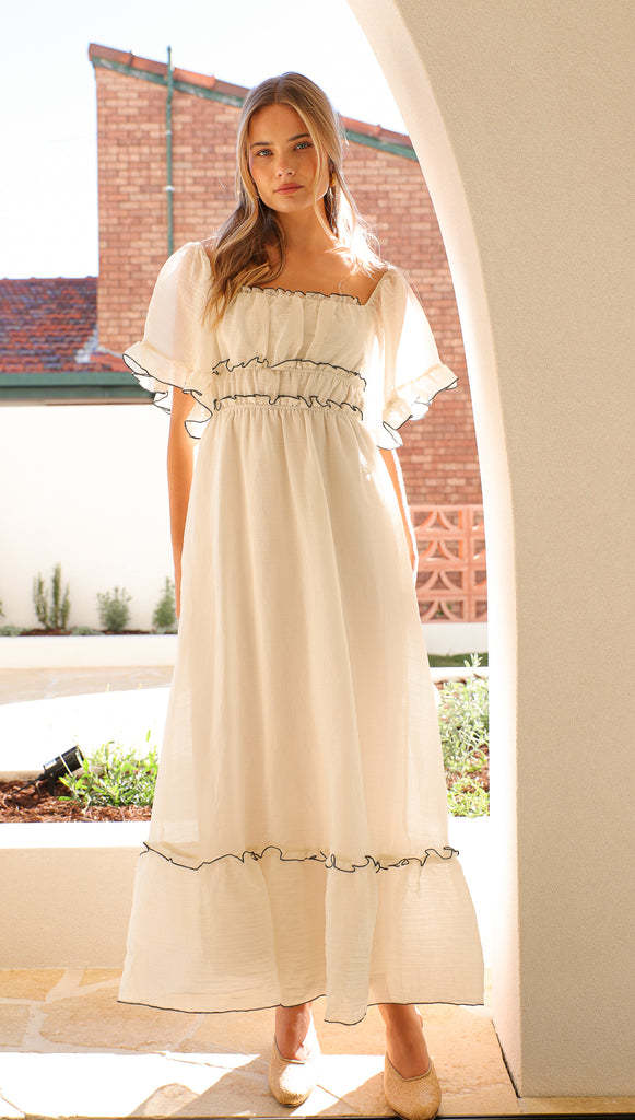 Damen Maxikleid mit Rüschendetails und elastischem Taillenbund Drune