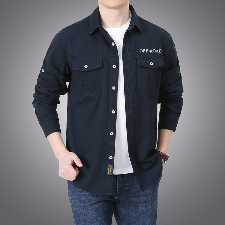 Herren nan langärmeliges Workwear-Hemd mit Druckknopf-Brusttaschen und aufrollbaren Ärmeln Drune