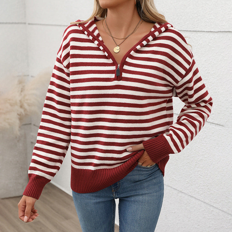 Damen Modischer Strickpullover mit Kapuze und halbem Reißverschluss Drune