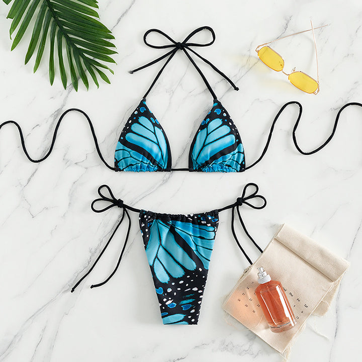 Damen Triangel-Bikini mit buntem Schmetterlingsmuster und verstellbaren Bindebändern Drune