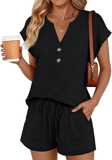 Damen Lässiges zweiteiliges Lounge-Set mit Knopfleiste, Kordelzugshorts und Eingrifftaschen Drune