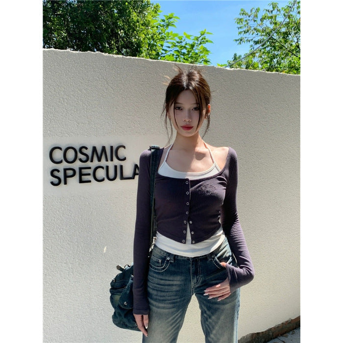 Damen Langarm-Top mit traumhaftem Knopfdesign und integrierter Untershirt-Funktion Drune