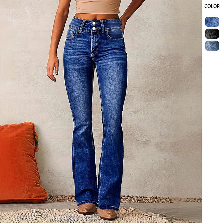 Damen Hohe Taille Flared Jeans mit dekorativen Knopfdetails und figurschmeichelndem Schnitt Drune