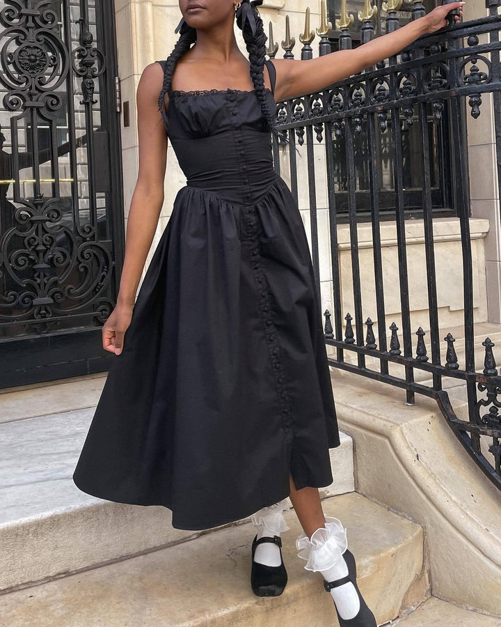 Damen Maxi-Kleid mit knöpfbarem Oberteil und schwingendem Rock Drune