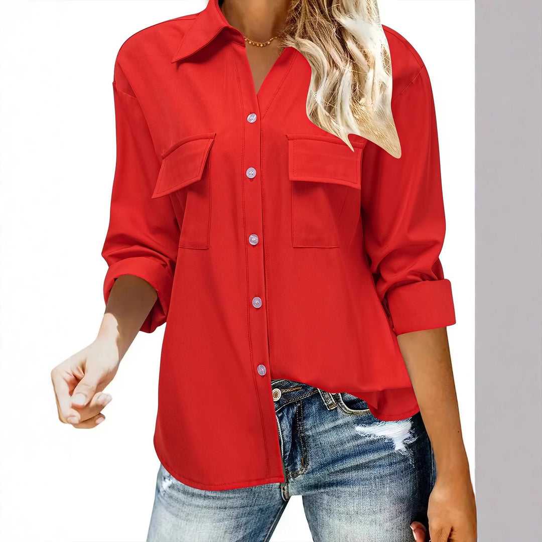 Damen Oversize-Hemdbluse mit Pattentaschen, durchgehender Knopfleiste und umgeschlagenen Ärmeln Drune