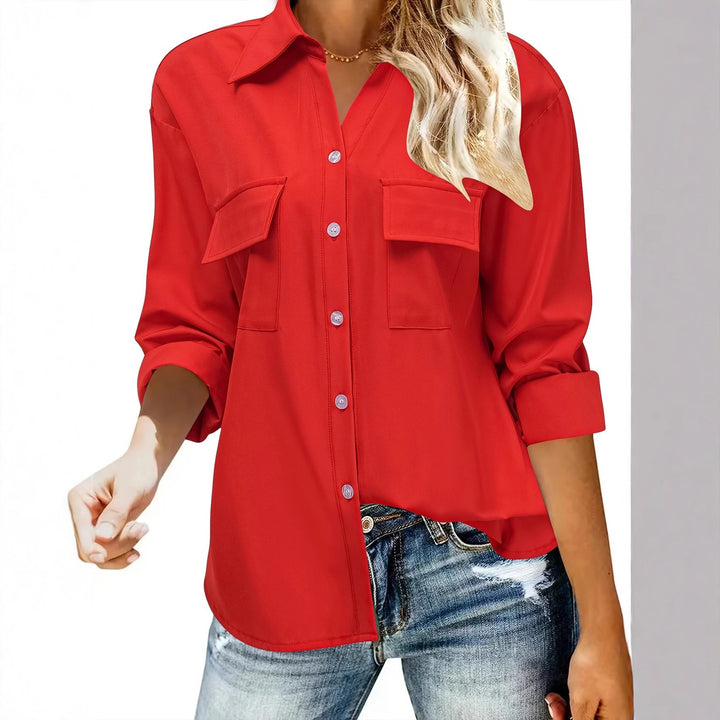 Damen Oversize-Hemdbluse mit Pattentaschen, durchgehender Knopfleiste und umgeschlagenen Ärmeln Drune