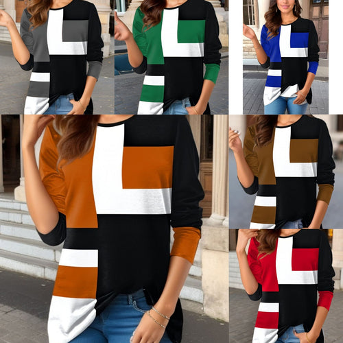 Damen nan geometrisches Colorblock Longsleeve-Tunika-Oberteil mit Rundhalsausschnitt und asymmetrischem Saum Drune