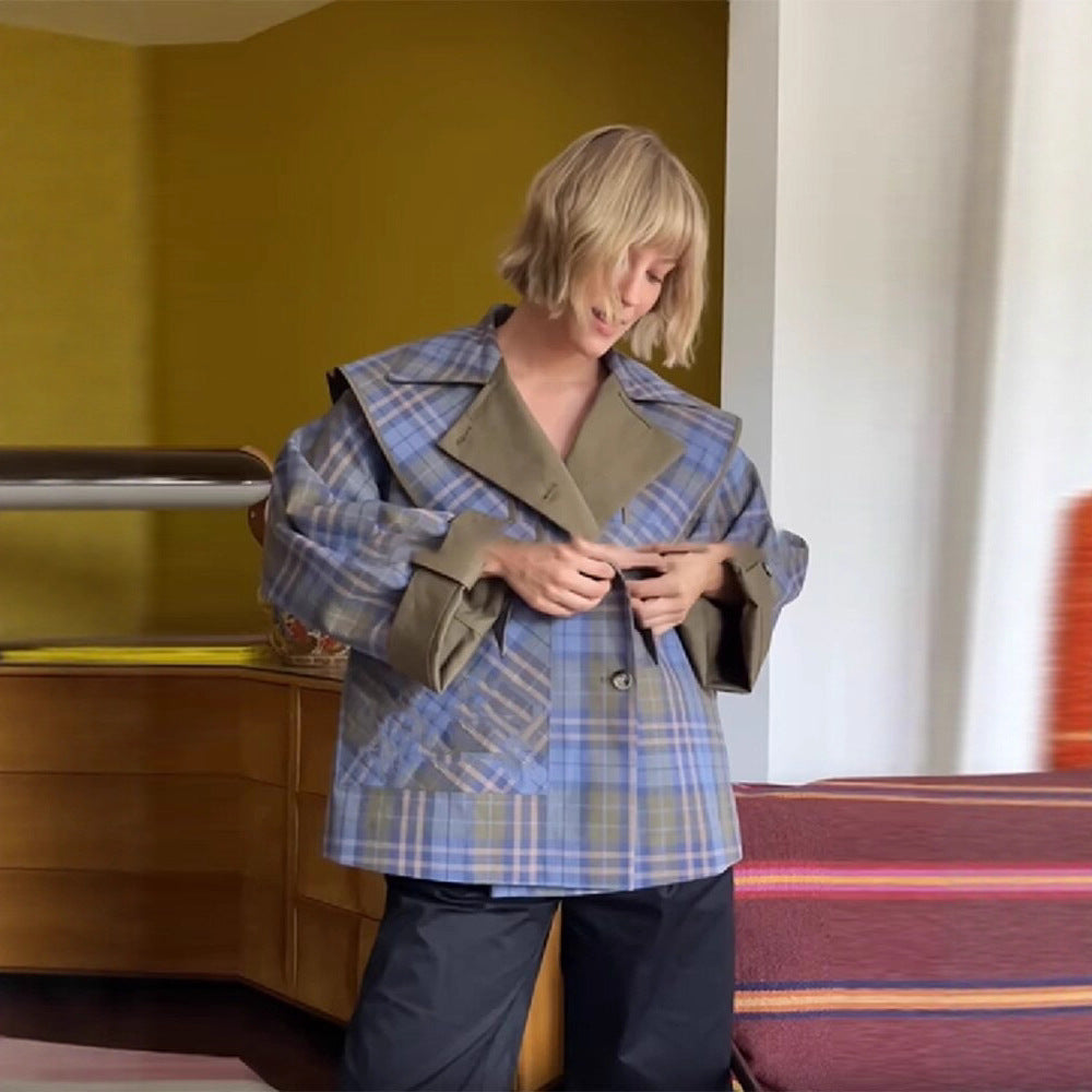 Damen Karierte Überjacke mit weitem Schnitt und klassischen Reverskragen Drune