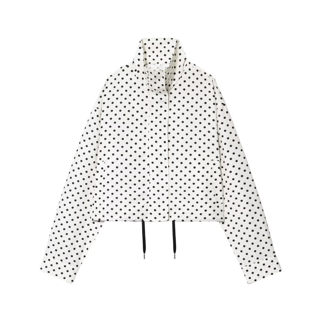Damen Gepunktete Cropped-Übergangsjacke mit Funnelkragen und Tunnelzug Drune
