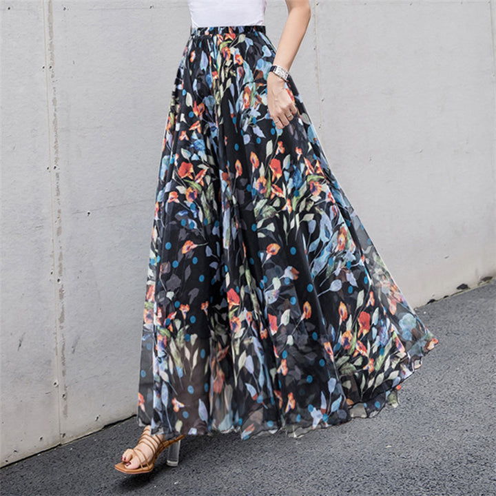 Damen nan lange plissierte Maxirock mit floralem Sommerprint und elastischem Bund Drune