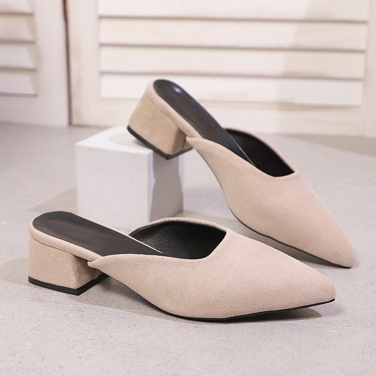 Damen elegante Mules mit spitz zulaufender Spitze und modischem Blockabsatz Drune