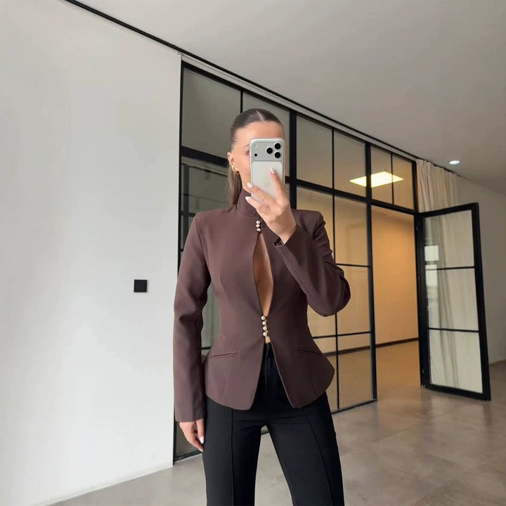 Damen Taillierter Blazer mit Stehkragen und Perlenknopf-Leiste Drune